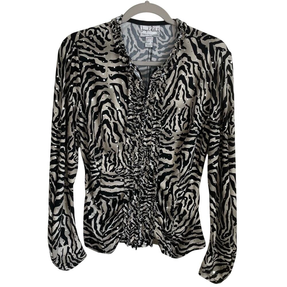 Joseph Ribkoff Ruffle Sequins Front Zip Top Sz 14 Animal Print Mob Wife Glam